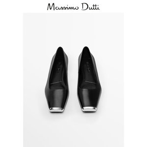 Massimo Dutti女鞋2024春季新品金属单鞋休闲黑色真皮平底芭蕾鞋