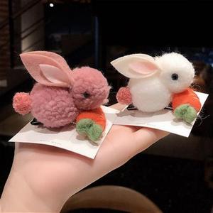 秋季新品兔子萝卜发夹边夹手工羊毛毡丸子头可爱甜美小夹子发饰