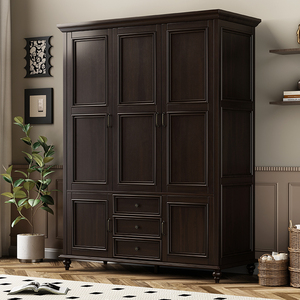 美式全实木衣柜卧室黑胡桃色复古纯实木储物3门4门家用衣橱家具