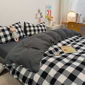 【苏宁自营】黑白大格简约风良品格子床上四件套床单被套枕套2858
