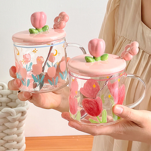 耐热玻璃喝水杯子马克杯带盖勺ins风设计感郁金香花朵咖啡杯茶杯