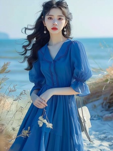 专柜商场撤回国际大牌剪标女装法式蓝色泡泡袖连衣裙海边度假长裙