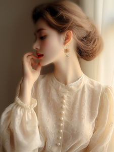 尾单外贸女装专柜法式长袖上衣春秋季小众设计感洋气杏色蕾丝衬衫