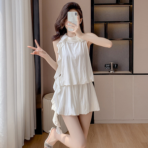 韩版甜美减龄露肩挂脖假两件连衣裙女夏季装温柔气质白色雪纺短裙