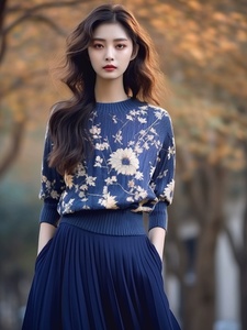 今年流行漂亮小香风蓝色针织套装裙子女冬装设计感印花毛衣两件套