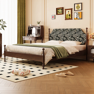 法式中古风实木床1.8米酒店民宿双人大床高靠背软包布艺复古婚床