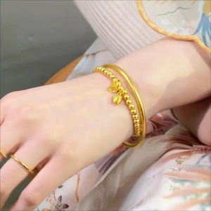24K黄金古法传承手镯女款999素金两世欢莲蓬手链3D硬金转运珠手环