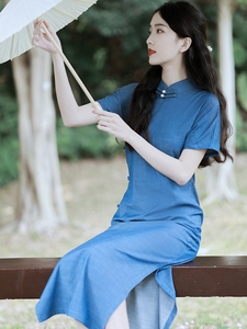 古法旗袍新中式民国学生年轻少女款改良连衣裙2024夏季蓝色高级感