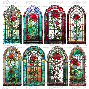 复古欧式红玫瑰彩色玻璃窗雕花马赛克手账剪贴插画PNG免扣素材