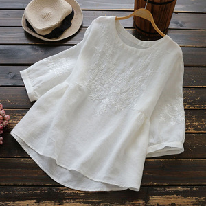 棉麻短袖T恤女2023夏季新款韩版宽松圆领洋气刺绣白色大码上衣