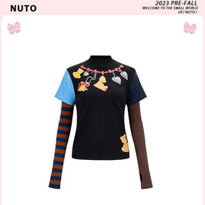 NUTO 设计感小熊印花拼色童趣上衣高级感小众甜酷修身短款长袖T恤