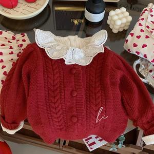 韩版童装女童针织衫外套秋季新款女宝宝保暖红色儿童圆领开