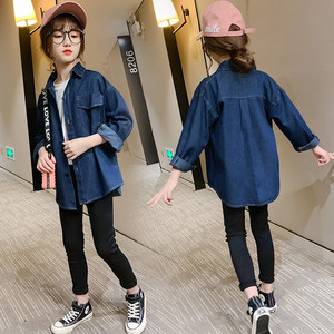 女童韩版纯色牛仔衬衫新款2024春秋款中大童超洋气长袖外套