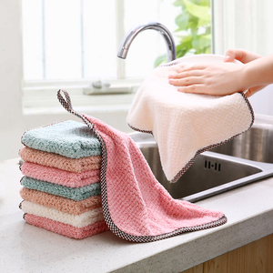 可挂式珊瑚绒双面抹布厨房菠萝格不掉毛强吸水擦手巾素色洗碗布