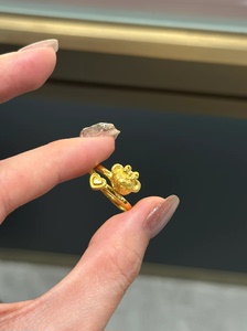 黄金色雪莉玫戒指女镀18K金素圈爱心小熊甜美风别致活口指环配饰