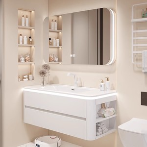 恒洁卫浴橡木烤漆浴室柜组合一体陶瓷洗手盆家用洗脸盆圆弧镜柜防