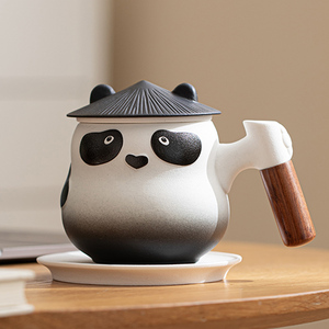 熊猫水杯陶瓷杯子情侣马克杯带盖带手柄办公杯茶水分离过滤泡茶杯