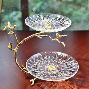 墨菲黄铜双层果盘欧式美式玻璃点心盘茶几餐桌零食盘创意家居摆件
