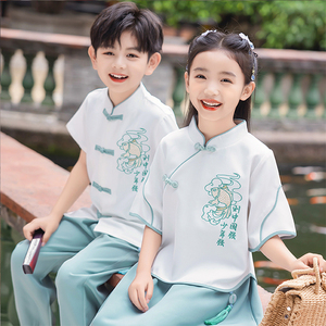 古风短袖演出服装小学生汉服中国风民国夏装幼儿园男孩女孩表演服