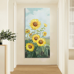 向日葵纯手绘油画客厅装饰画金黄色花卉田园风景入户玄关挂画竖版