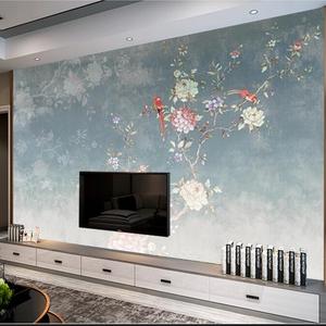 复古花鸟新中式手绘画电视背景墙纸壁纸卧室客厅牡丹墙布影视壁画