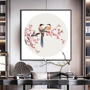 喜鹊桃花装饰画 新中式挂画 中国风 中式卧室壁画 喜鹊站在桃树上