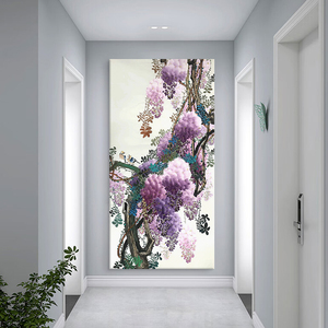 入户玄关紫气东来东墙挂画客厅抽象紫藤花卉装饰画新中式手绘油画