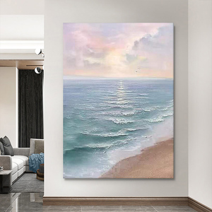 客厅海浪沙滩肌理画玄关抽象日出手绘油画竖版大海上风景装饰挂画
