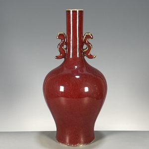 老窑瓷单色釉季红釉双耳花瓶古玩古董文玩仿古老瓷器收藏家居摆件
