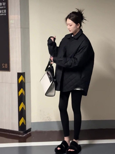 高级感黑色棉服冬装女2023年新款韩系慵懒风休闲加厚菱格棉衣外套