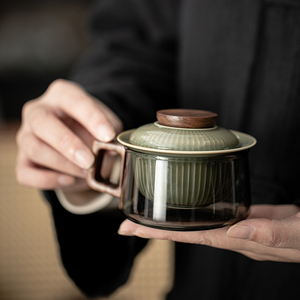 越窑青瓷咖啡杯轻奢高档茶水分离泡茶杯玻璃杯家用办公喝茶杯水杯
