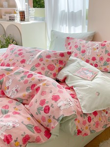 甜美花园丨小白兔玫红色床上用品纯棉床单被套单件定制小兔子可爱