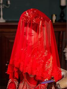 红盖头新娘红色头纱中式秀禾古风半透明蕾丝结婚红纱出嫁高级纱巾