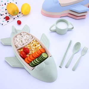 小麦秸秆儿童餐具飞机造型宝宝分格餐盘饭碗组合套装卡通幼儿园