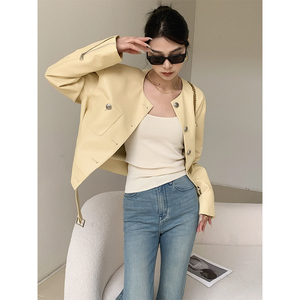 JWUNIQUE黄色PU皮衣女夏季2024年新款设计感小众薄款休闲短款外套