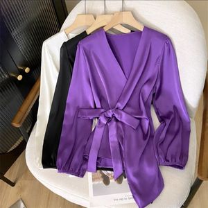 v领绸缎上衣新款轻熟紫色早秋绑带衬衫春季法式收腰设计小众衬衫