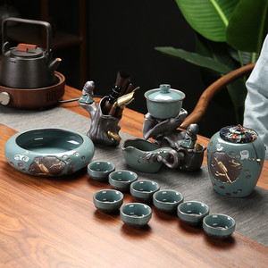 哥窑自动茶具套装冰裂陶瓷懒人石磨茶器旋转茶壶过滤汝窑功夫茶杯