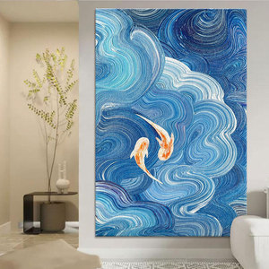 新中式锦鲤鱼抽象手绘油画蓝色海浪客厅装饰画动物玄关挂画肌理画