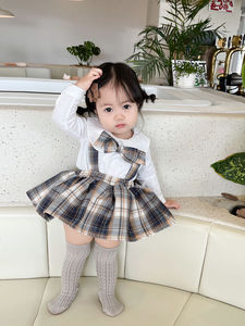 女童宝宝春装格子裙JK套装+娃娃领打底衬衫2件套日系