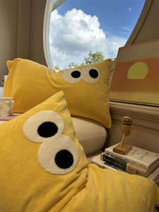 元气柠檬黄牛奶绒刺绣大眼睛枕头枕芯套家用48x74cm单独枕套一只