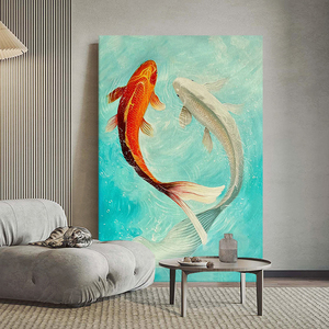 新中式年年有鱼手绘油画好运锦鲤玄关肌理挂画如鱼得水客厅装饰画