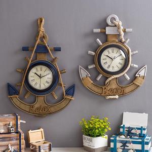 地中海船锚复古墙壁挂钟客厅木质船舵时钟酒吧做旧钟表装饰品创意
