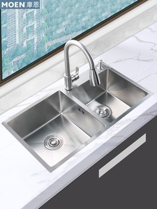 摩恩官方正品厨房水槽银色大双槽加厚304不锈钢家用手工洗菜盆台