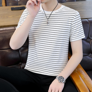 乔丹正品黑白细条纹短袖t恤男夏季2023新款修身圆领大码半袖体恤