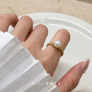 天然海水Akoya单颗可调节珍珠戒指 金色麻花钻石通体银小众饰品