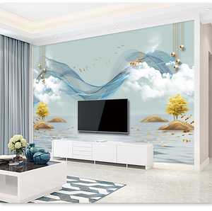 中式意境山水电视背景墙壁纸客厅装饰墙纸影视墙壁画现代麋鹿墙布