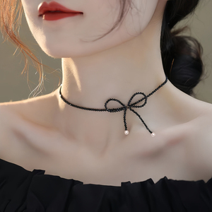 蝴蝶结珍珠项链女手工串珠编织项圈气质锁骨链设计感高级感女颈链