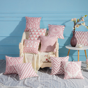 简约时尚粉色系毛巾绣花沙发抱枕样板房客厅床头护腰靠几何花