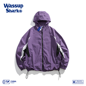WASSUP SHARK潮牌新款撞色防晒衣男女夏季薄款宽松户外连帽外套装