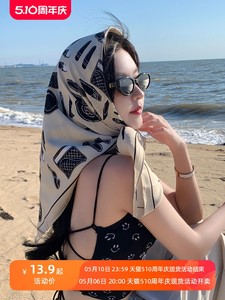 上海故事网红法式复古小方巾女百搭夏季防晒丝巾ins海边沙滩长条